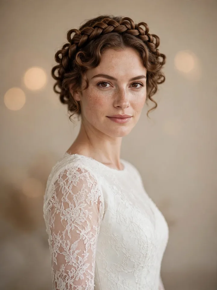 Curly halo braid wedding hairstyle for long curly hair on bride in garden