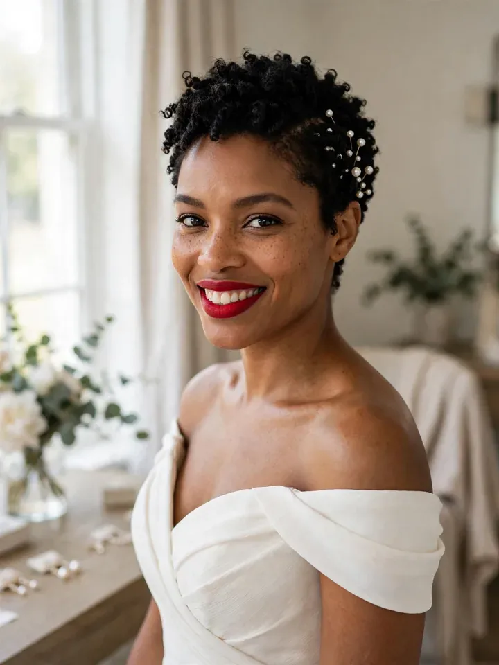 Tapered curly pixie wedding hairstyle for curly hair with pearl pins on bride