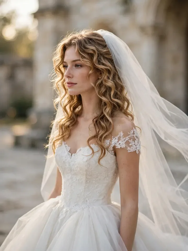 Veil-ready soft layered wedding hairstyle for curly hair with cathedral veil