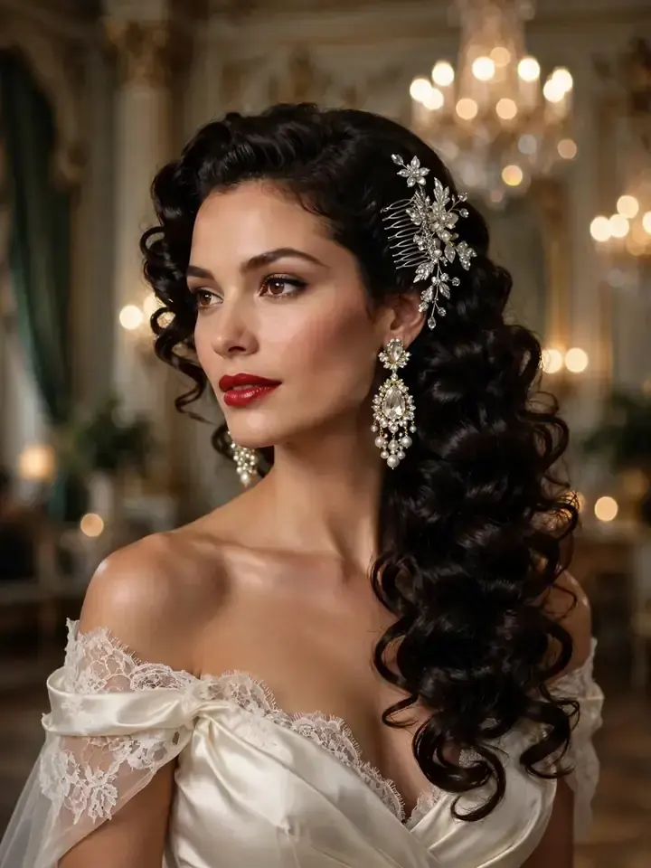 Curly side-swept glam wedding hairstyle for curly hair with vintage waves