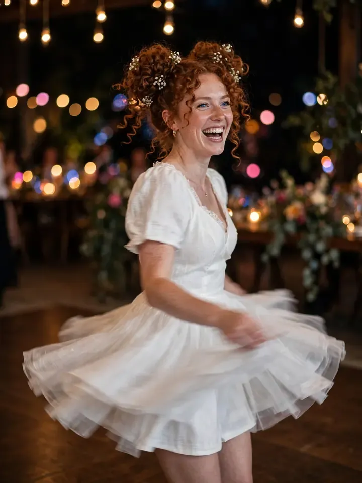 Playful curly double buns wedding hairstyle for curly hair at reception