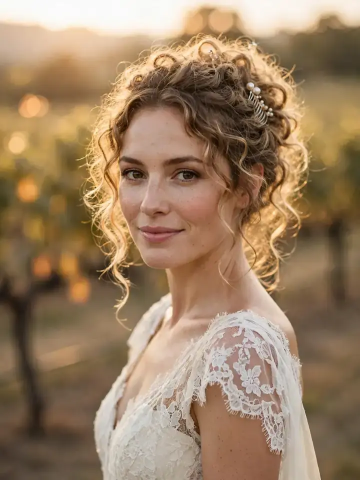 Effortless messy curly updo wedding hairstyle for bridesmaid inspiration