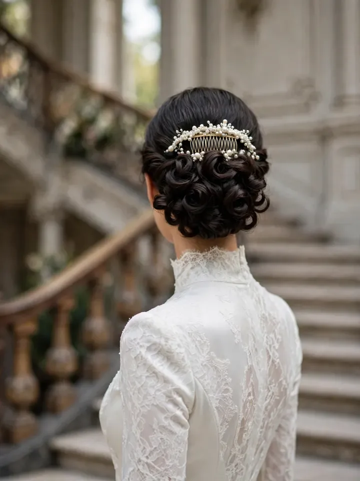 Twisted low curly chignon wedding hairstyle for curly hair elegant bride