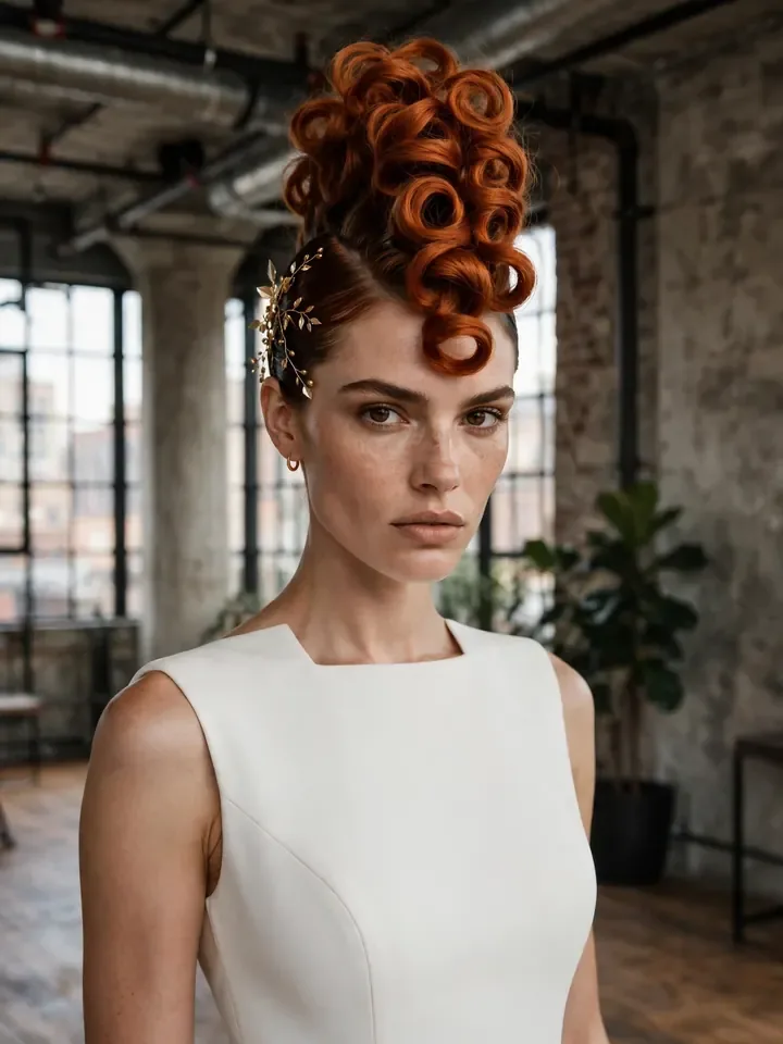 Dramatic curly faux hawk updo wedding hairstyle for bold bride