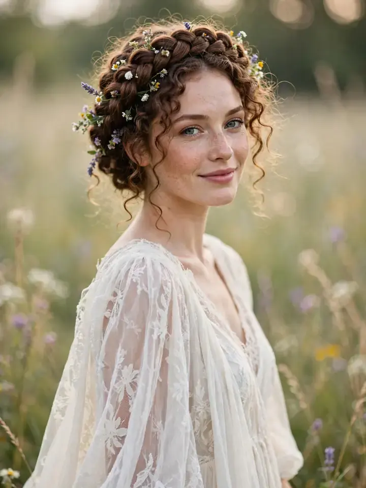 Curly milkmaid braided crown wedding hairstyle for curly hair with flowers