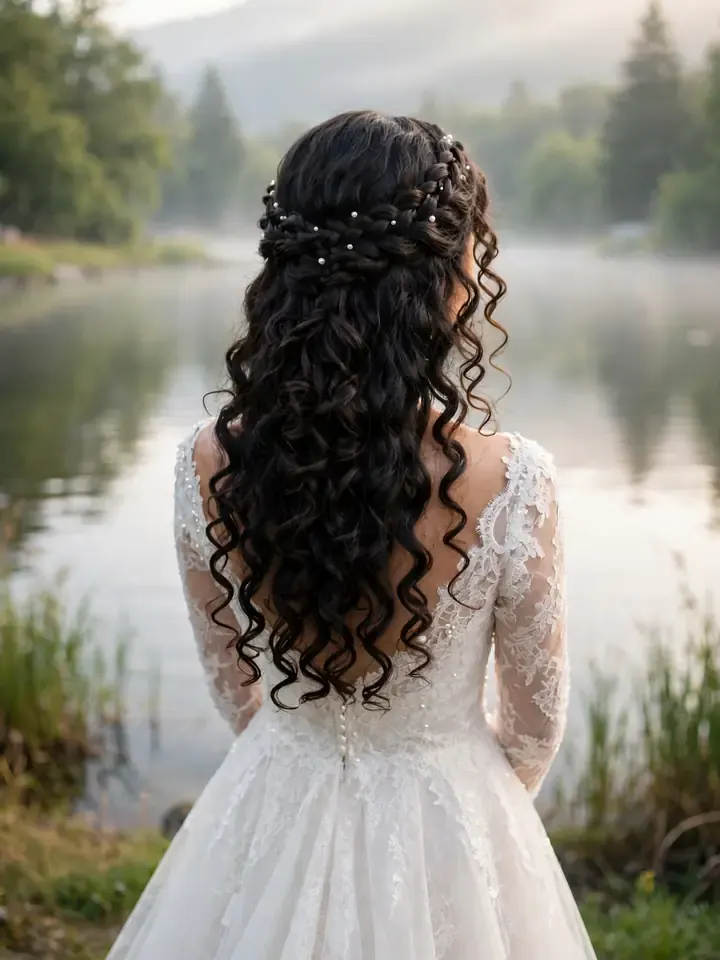 Waterfall braid through curls wedding hairstyle for curly hair romantic bride