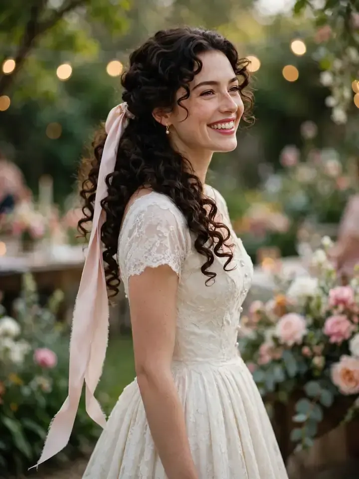 Curly side ponytail with ribbon wedding hairstyle for curly hair