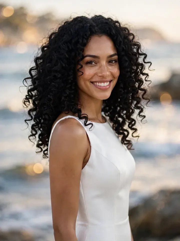Humidity-proof diffused curls wedding hairstyle for curly hair outdoor ceremony