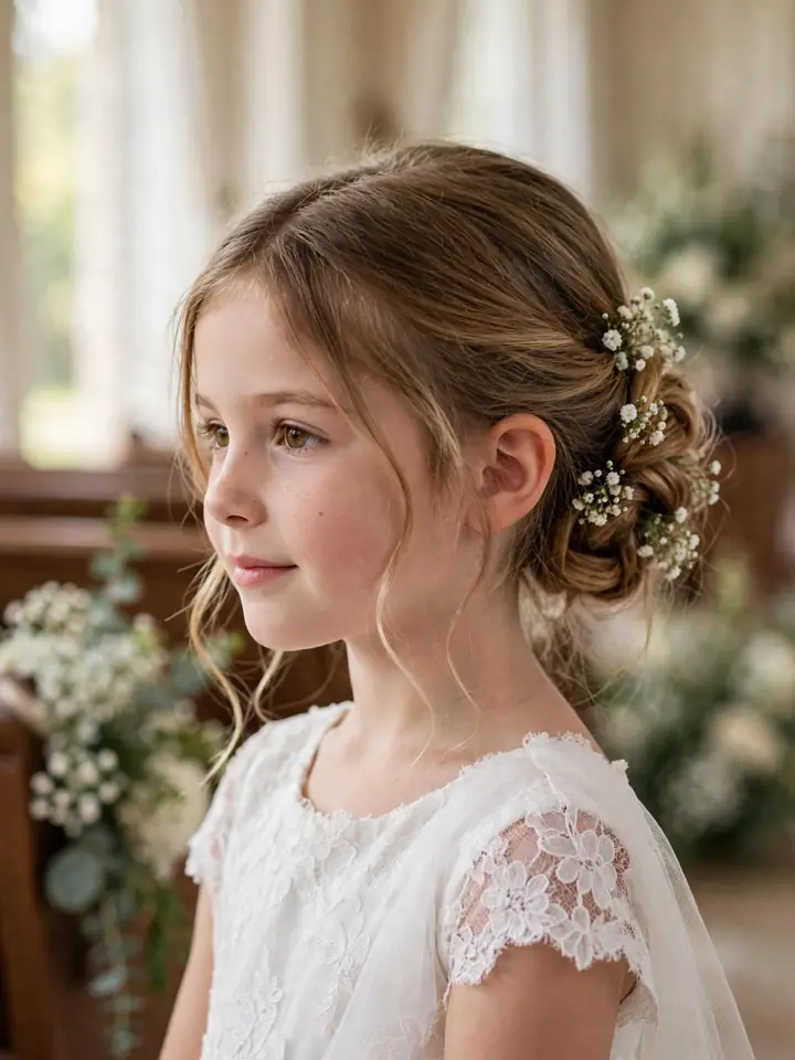 Flower girl hair dos - elegant pinned wedding hairstyle for kids
