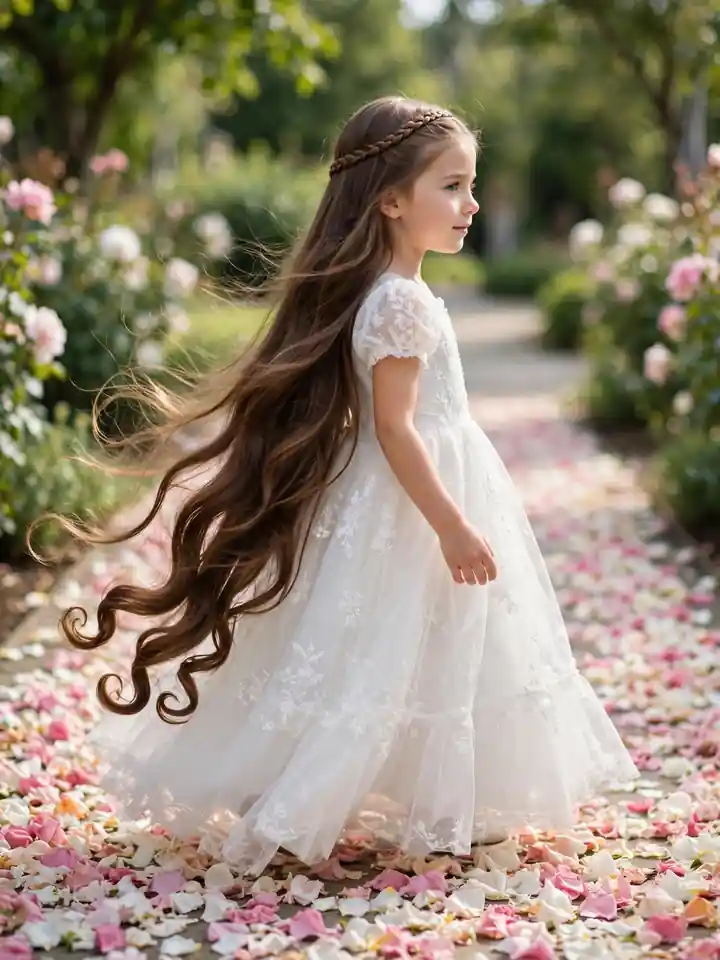 Long flower girl hairstyles - flowing long hair wedding look for kids