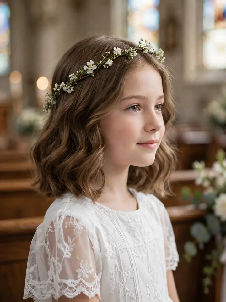 First communion hairstyle with flower crown for kids wedding look