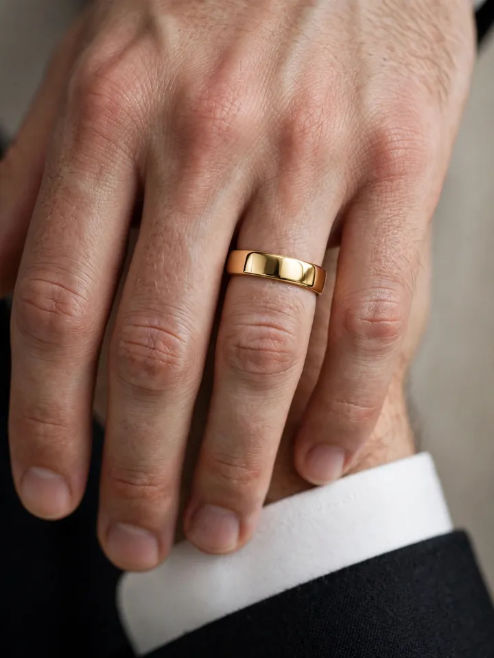 Classic yellow gold wedding ring for men on a groom's hand, macro close-up