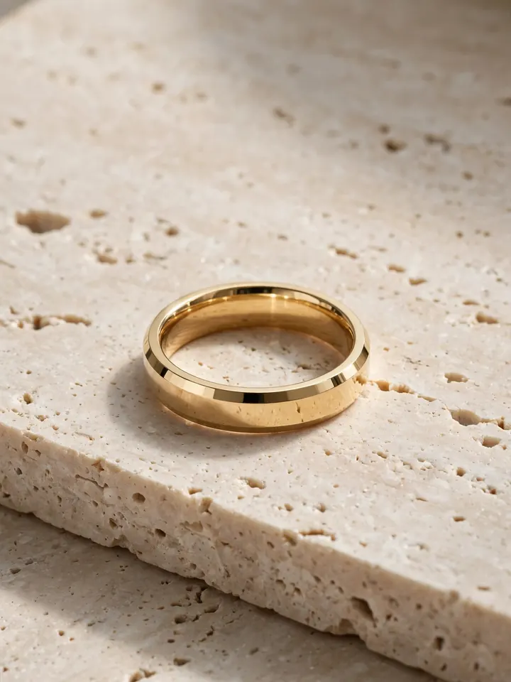 Minimalist polished gold wedding ring for men with beveled edges on stone