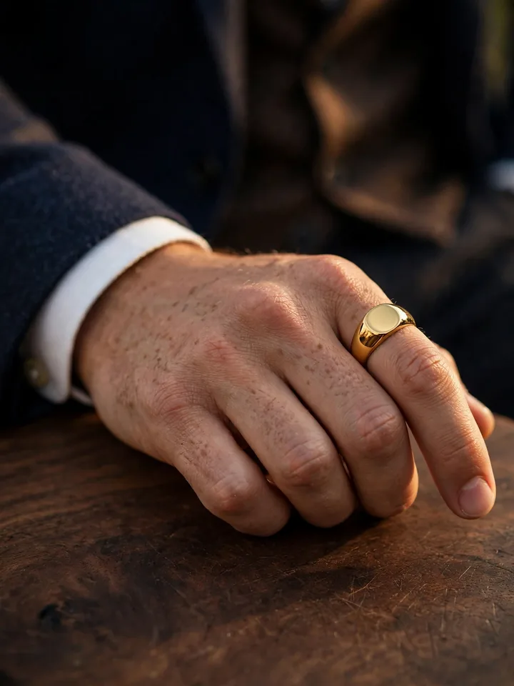 Bold gold signet-style wedding ring for men worn on the index finger