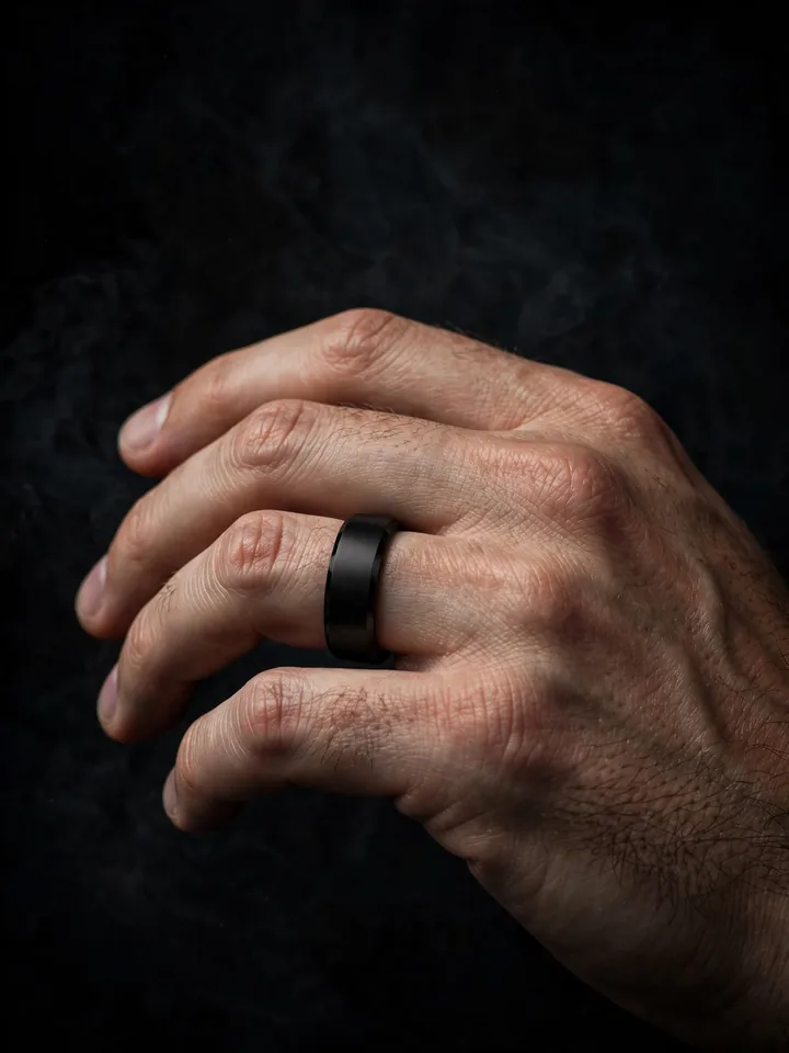 Matte black tungsten wedding ring for men on a man's hand