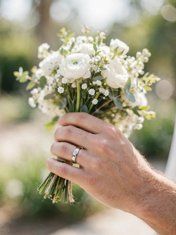 Timeless platinum wedding ring for men on a groom's hand holding flowers