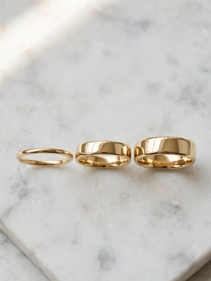 Stacked yellow gold wedding rings for men in different widths on marble