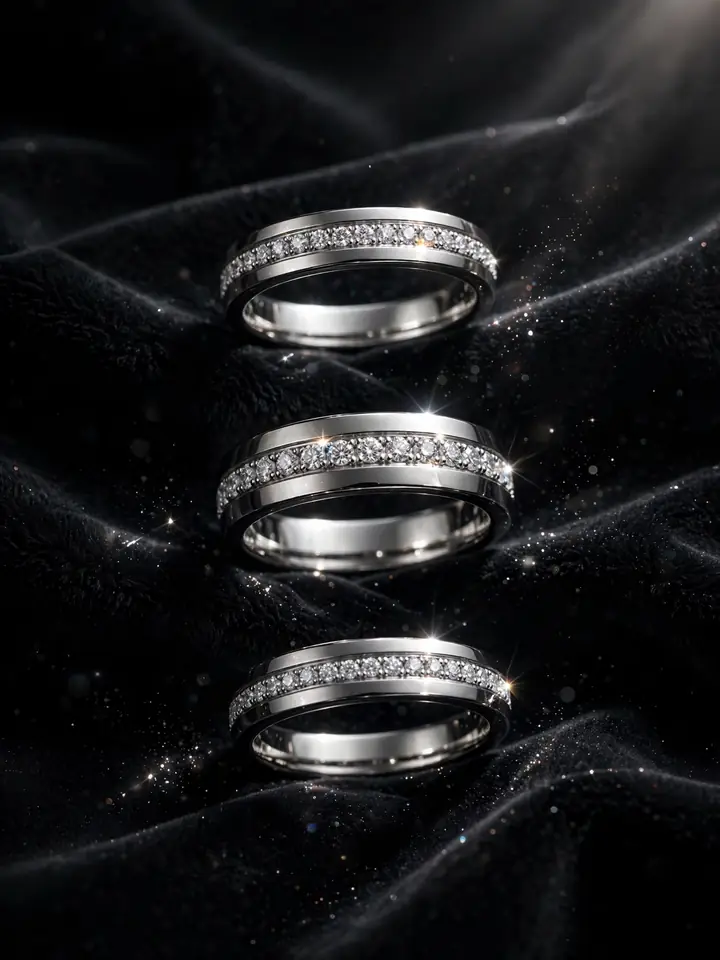 Men's diamond wedding ring with pavé diamonds on black velvet