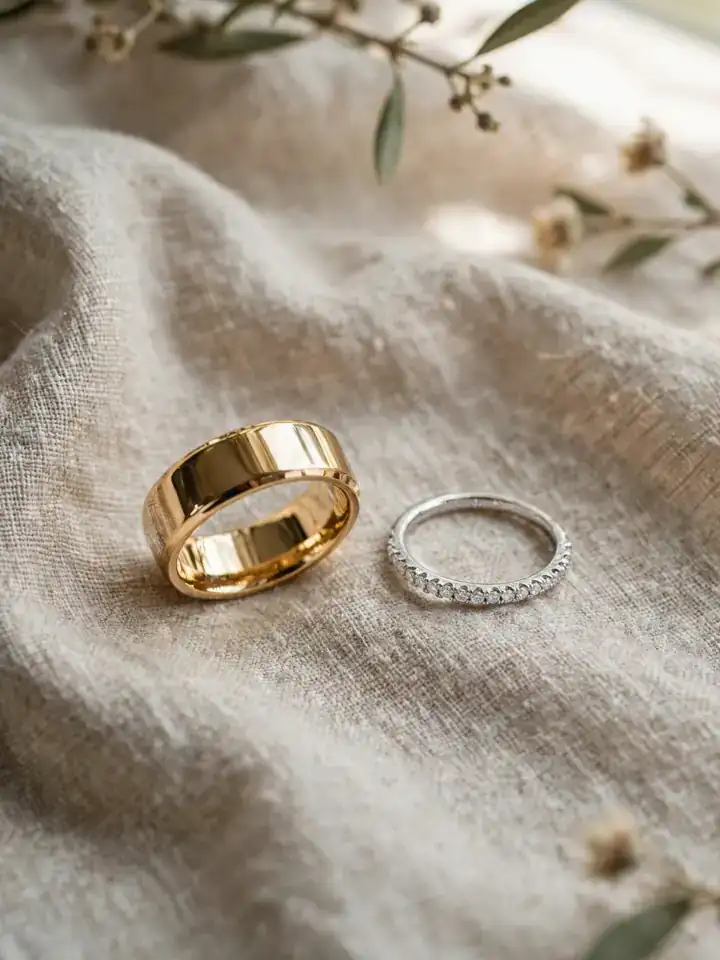 His-and-hers wedding rings, wide gold men's band with slim diamond women's band on linen