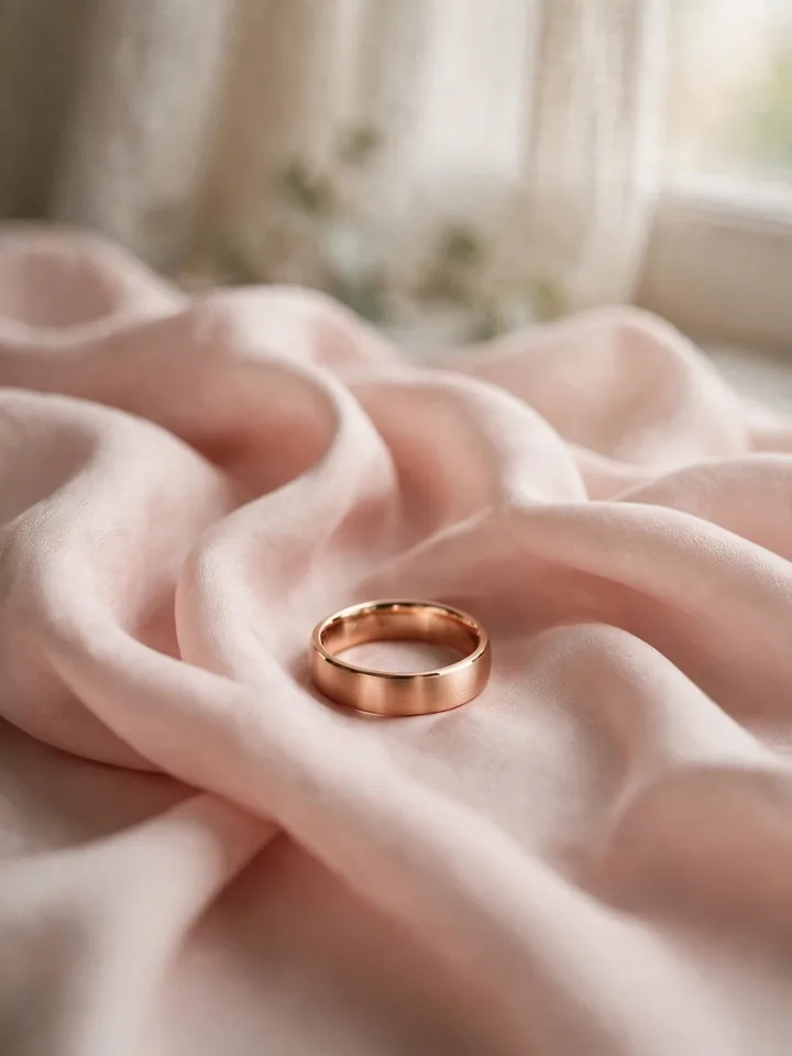 Warm rose gold wedding ring for men on blush silk