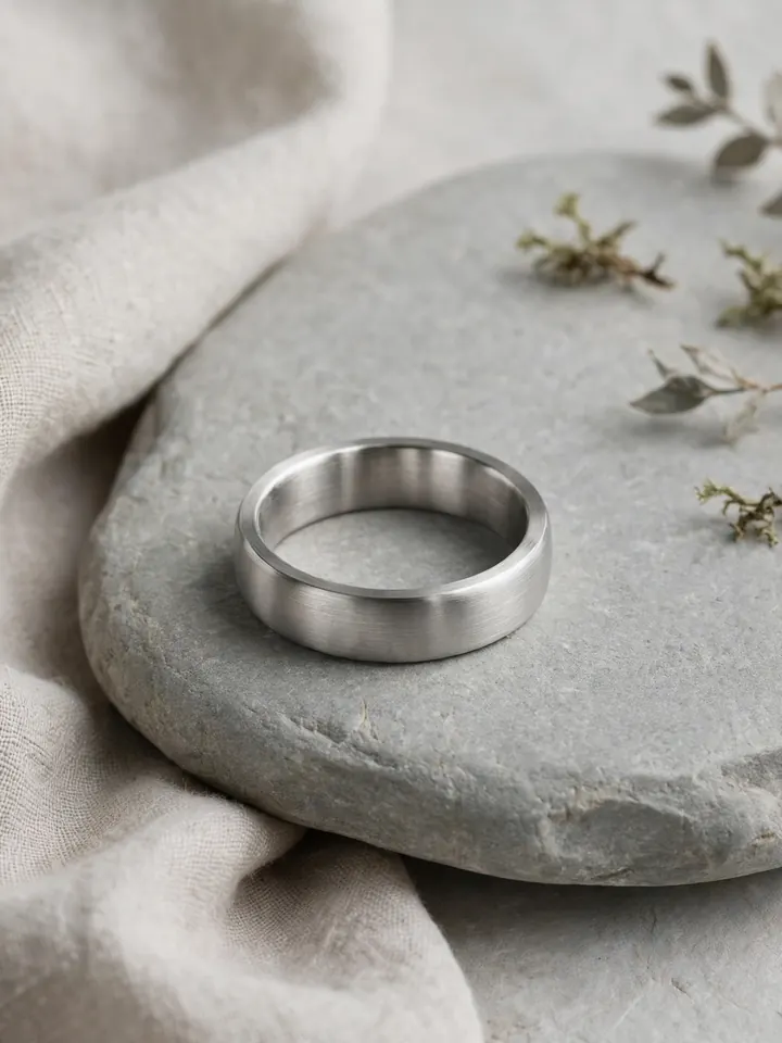 Brushed platinum comfort-fit wedding ring for men on grey stone