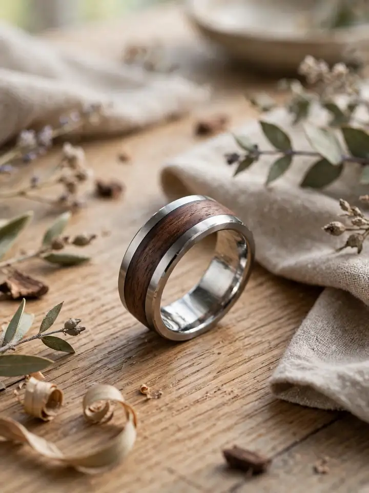 Men's wedding ring with dark wood inlay between steel bands on oak