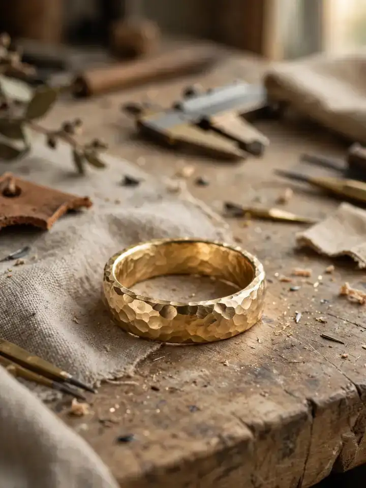 Hand-hammered yellow gold wedding ring for men on artisan workbench