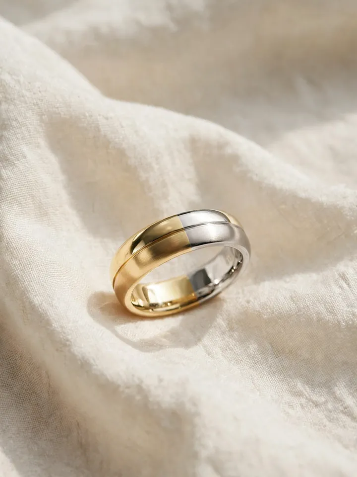 Two-tone yellow and white gold wedding ring for men on cream fabric