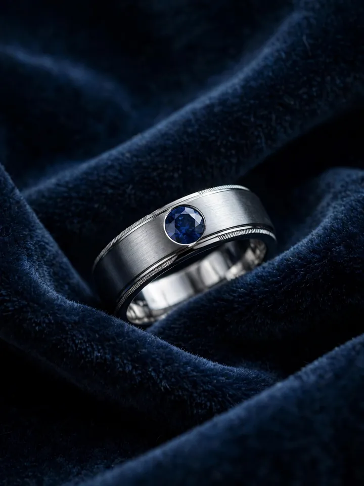 Men's wedding ring with blue sapphire accent stone on dark blue velvet