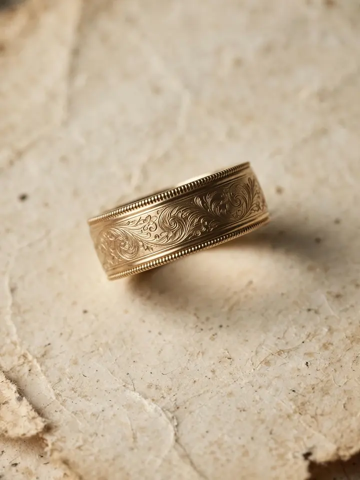 Engraved men's wedding ring with milgrain edges, macro on aged paper
