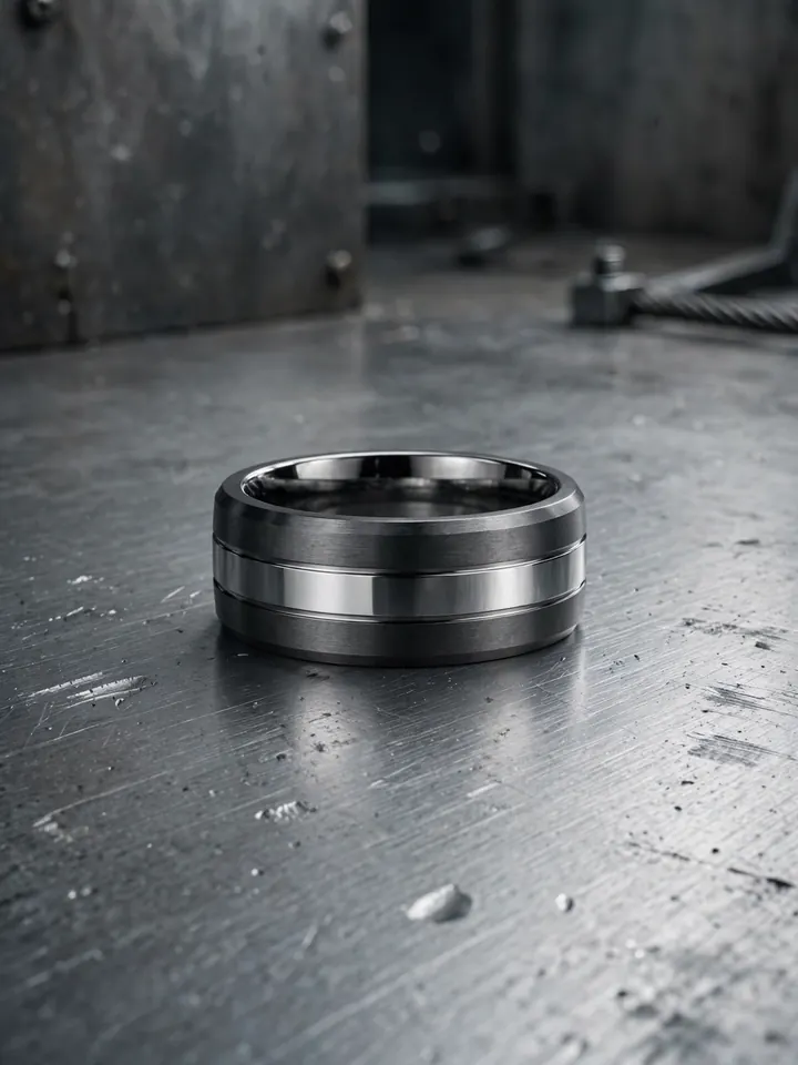 Wide flat 8mm tungsten carbide wedding ring for men on brushed metal
