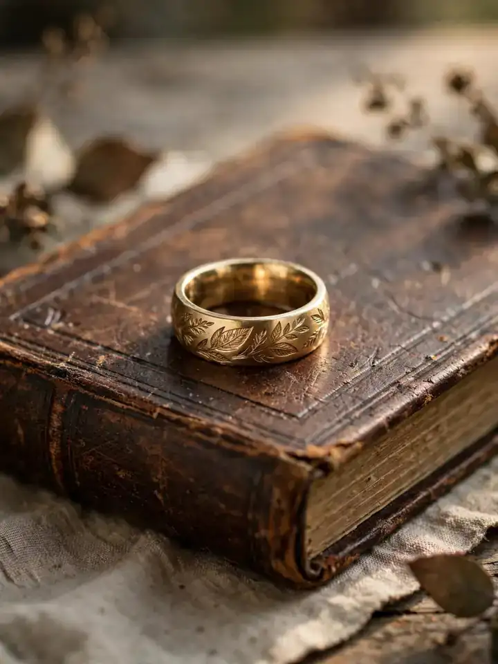 Vintage hand-engraved wedding ring for men with leaf pattern on antique book